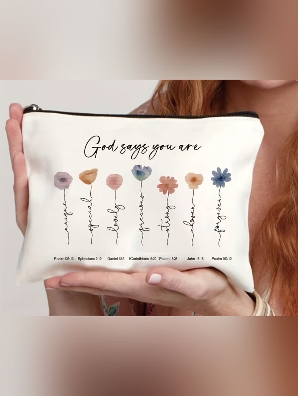 God Says You Are Floral Zip Pouch - Cream